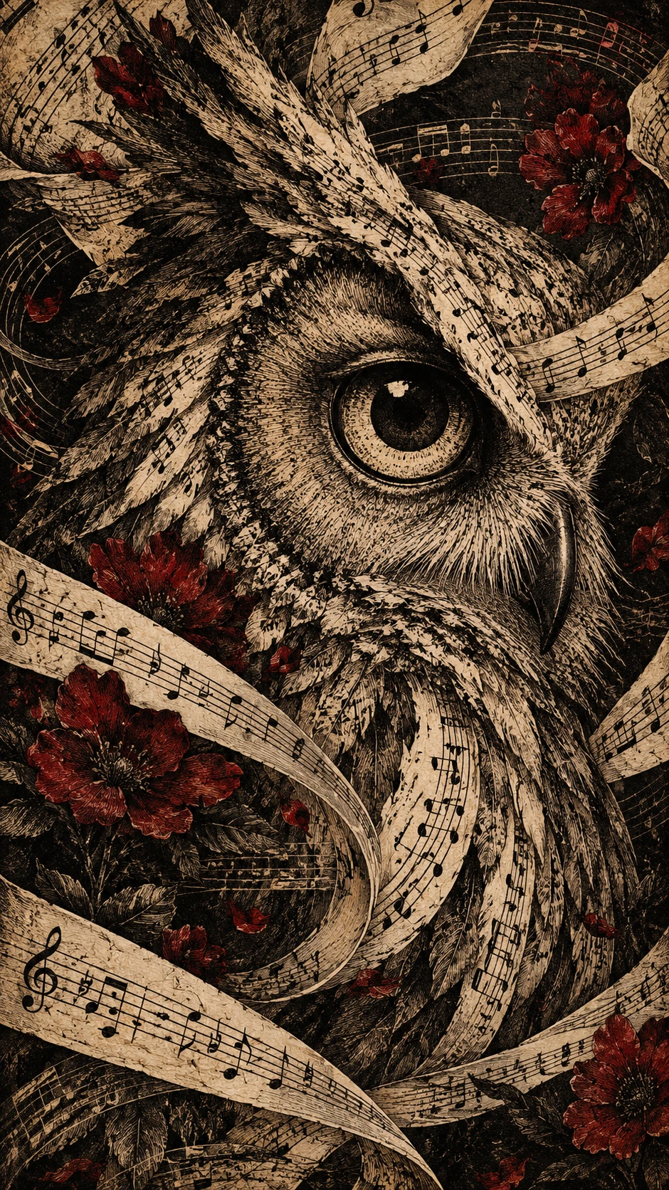 A majestic owl emerging from antique musical notation