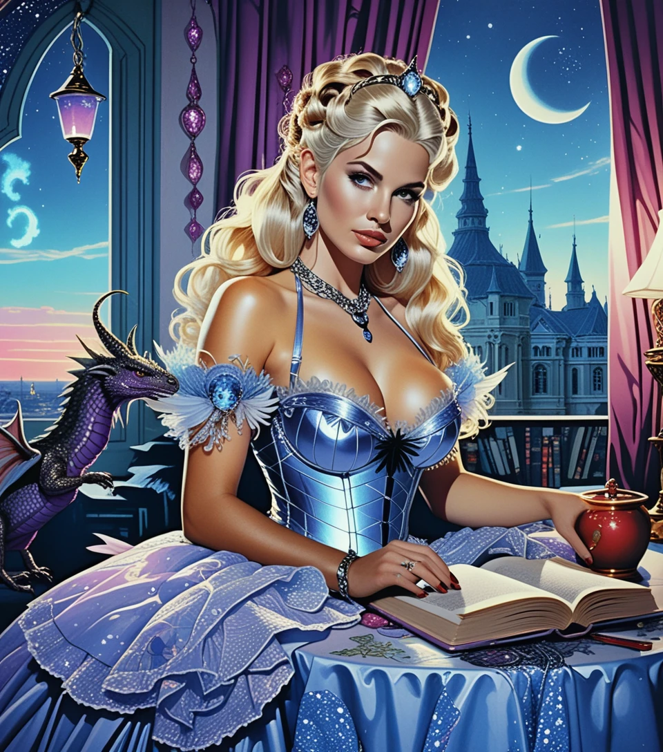 A platinum blonde fantasy woman feeds a baby dragon in her tower