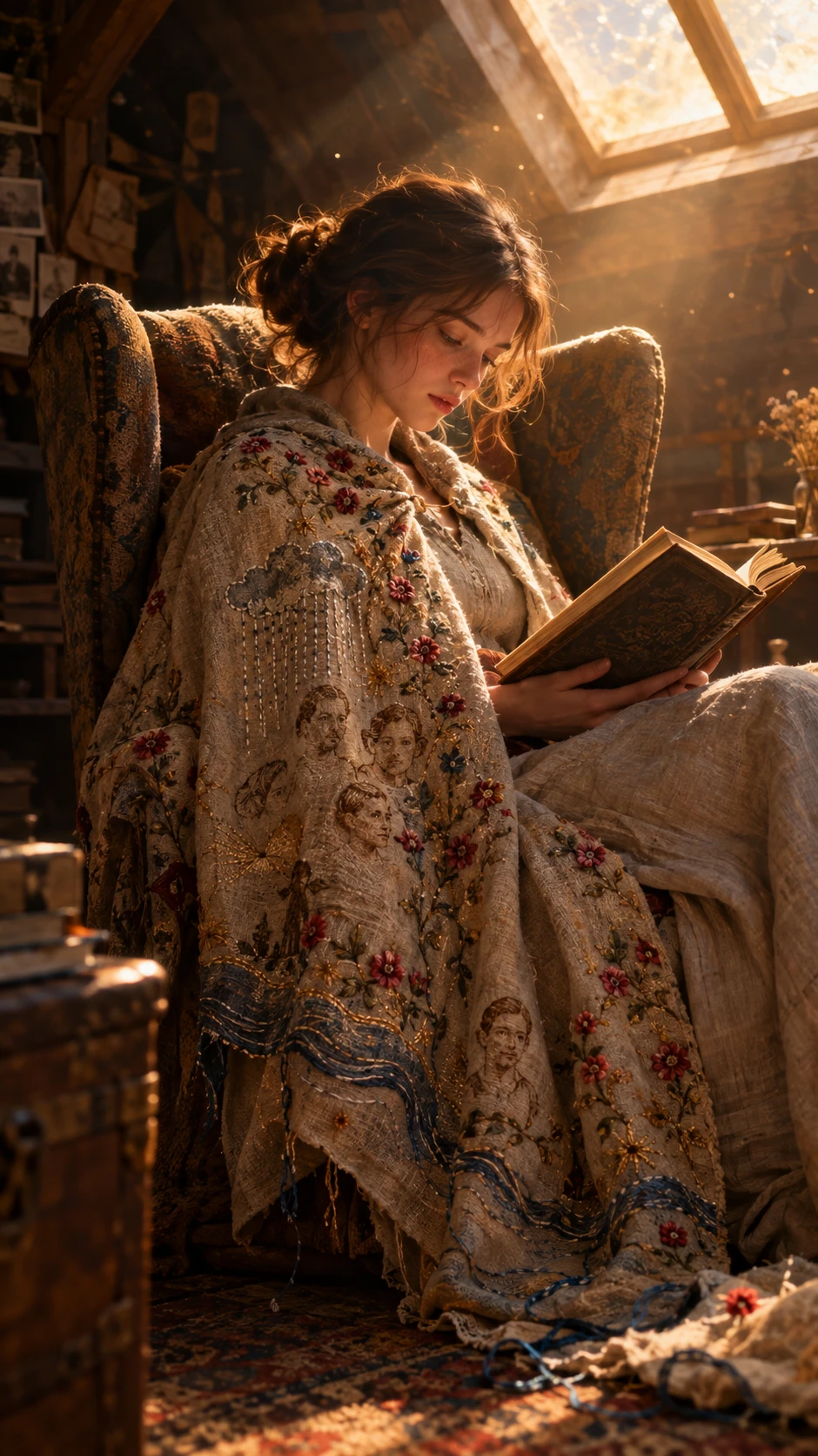 A young woman reads beneath golden light in an attic chair