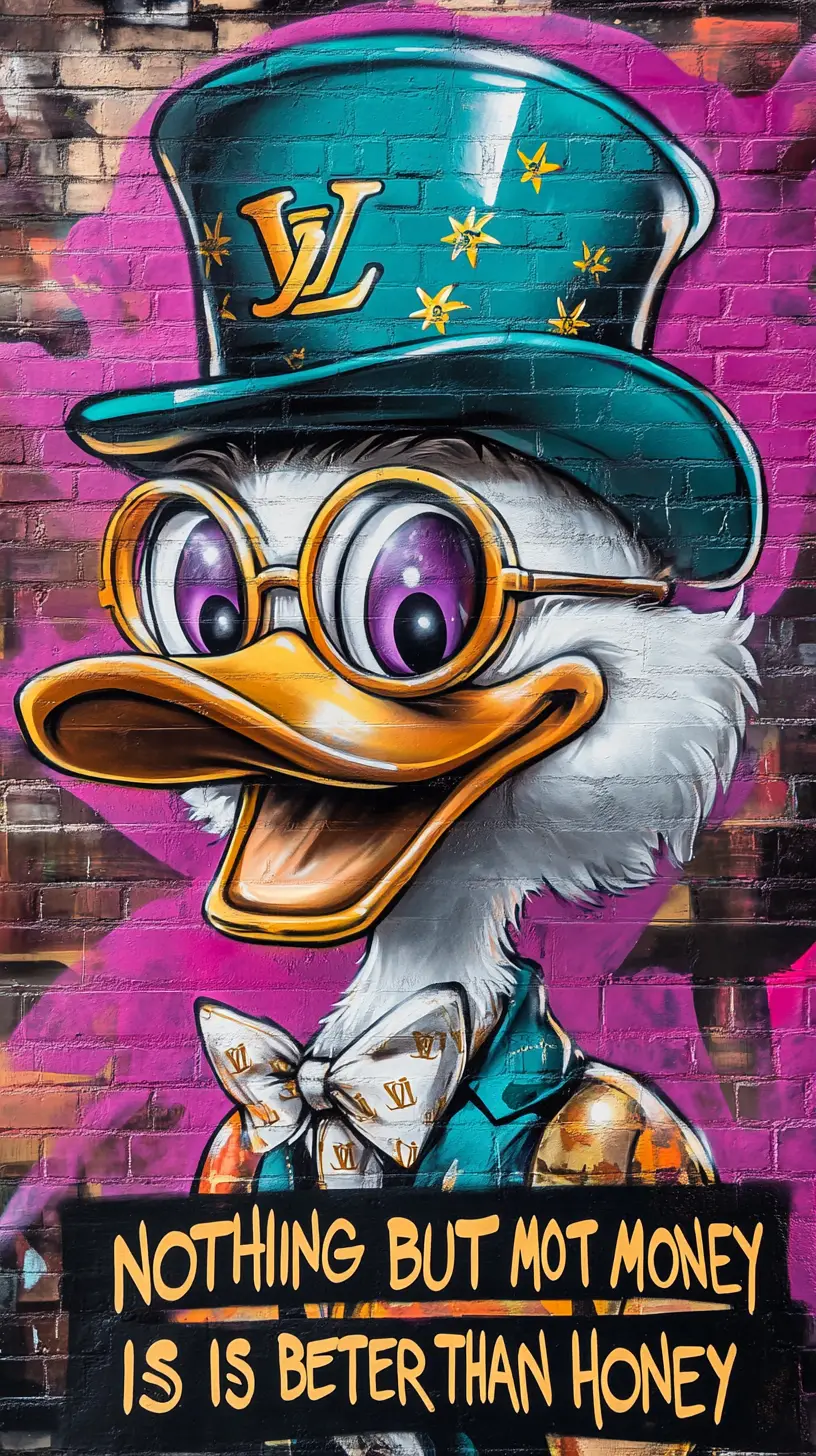 A smiling duck tycoon in a graffiti mural with gold spectacles
