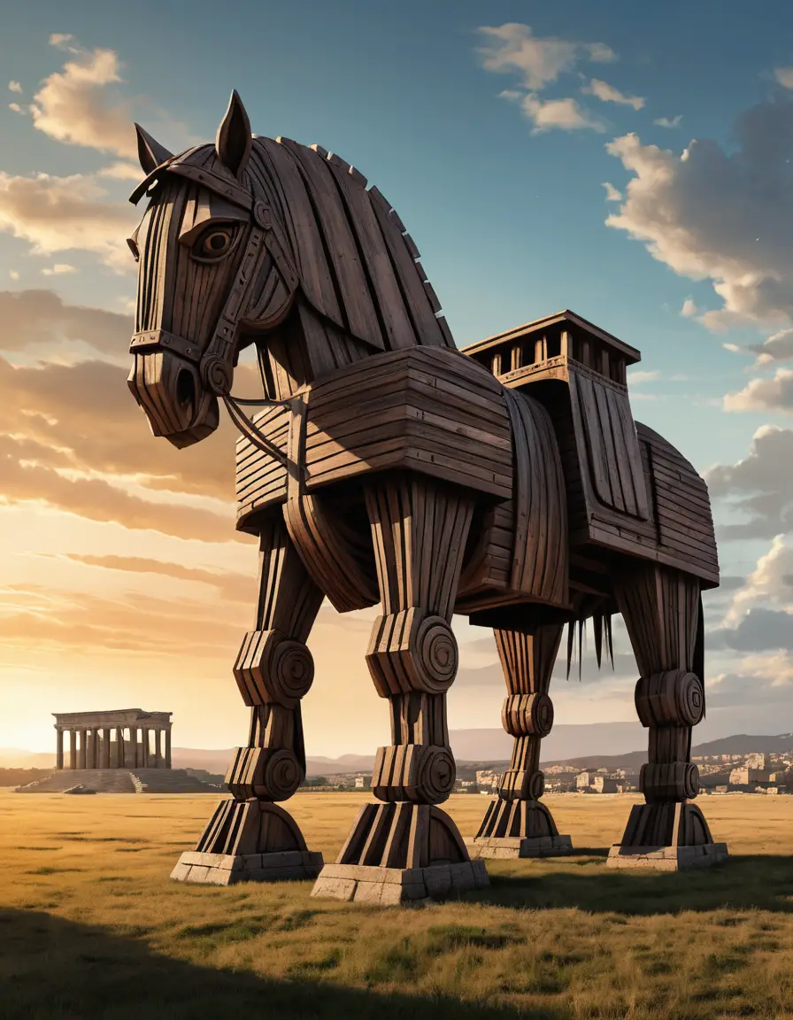 A massive wooden horse stands in a deserted field outside Troy at dawn