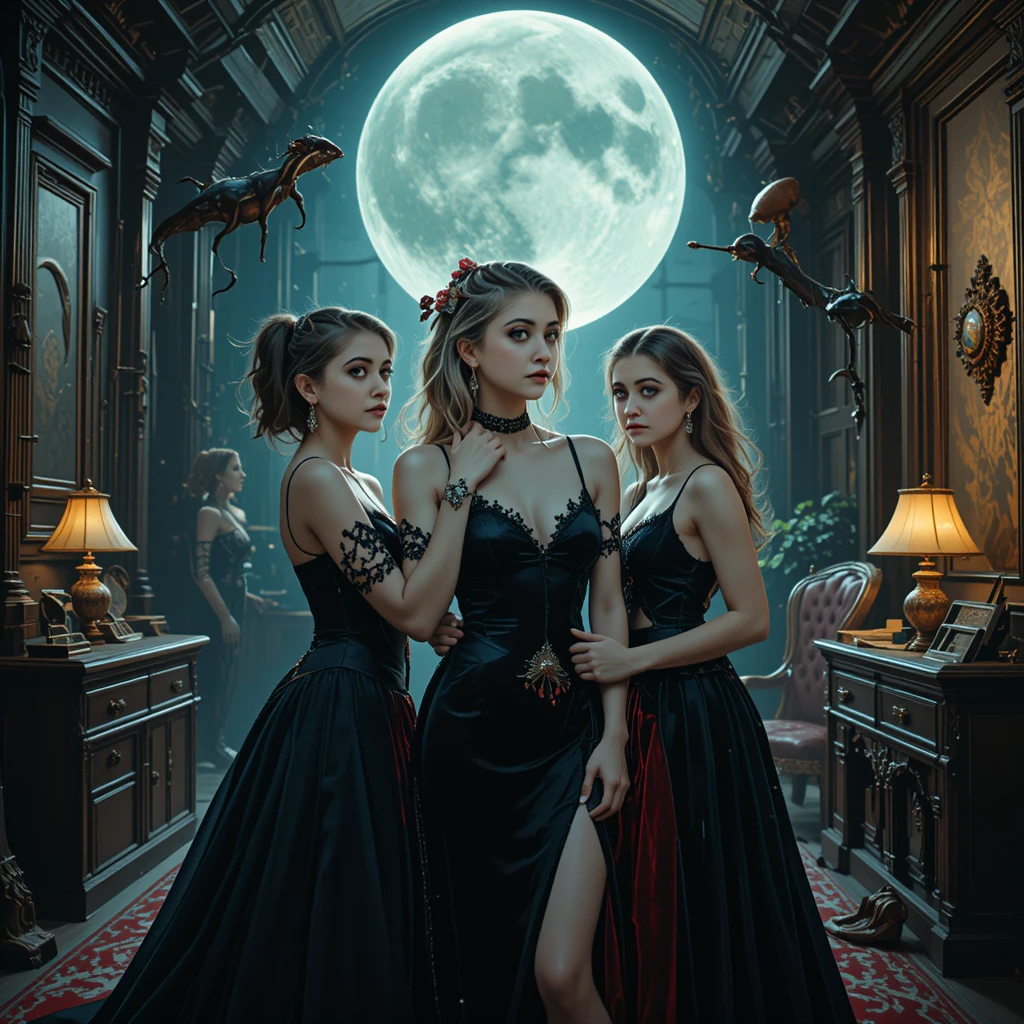 A Vampire Bites a Woman Beneath the Full Moon in a Gothic Office
