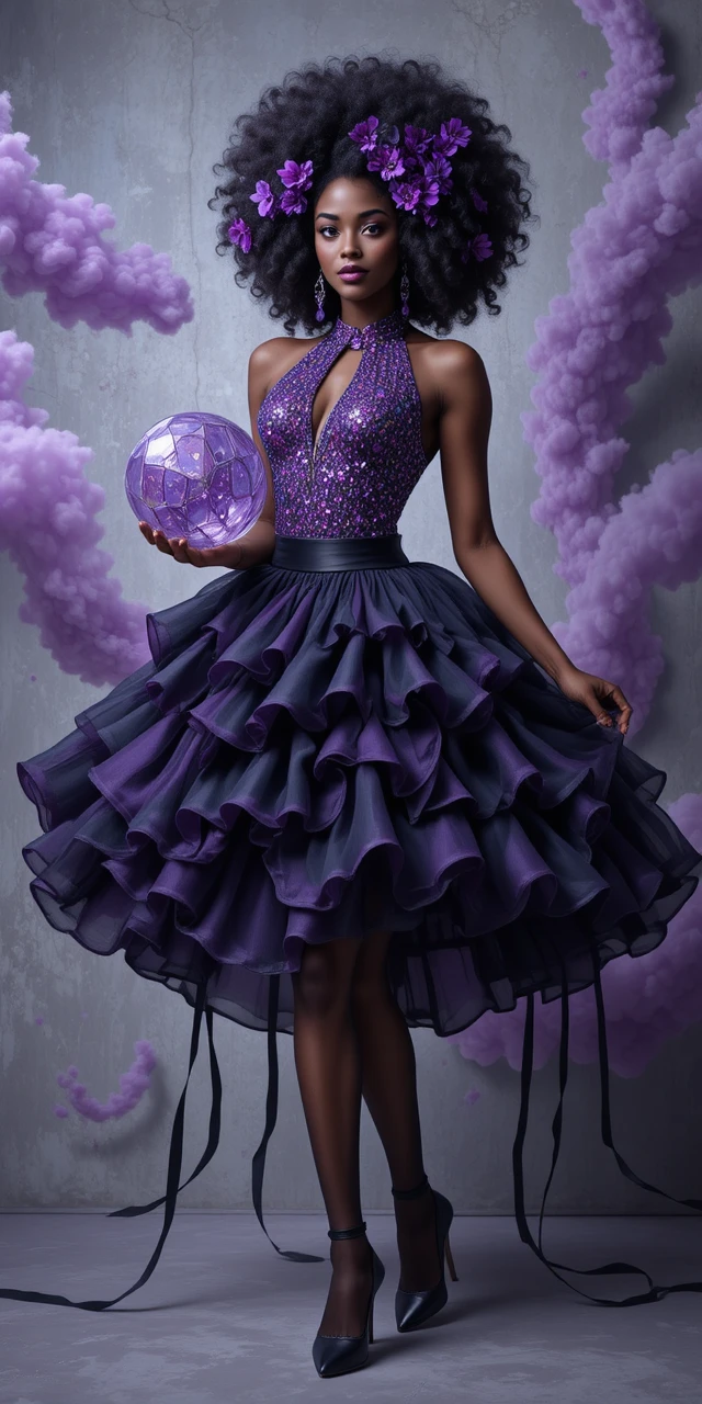 A Black woman poses with a geodesic sphere in a layered skirt