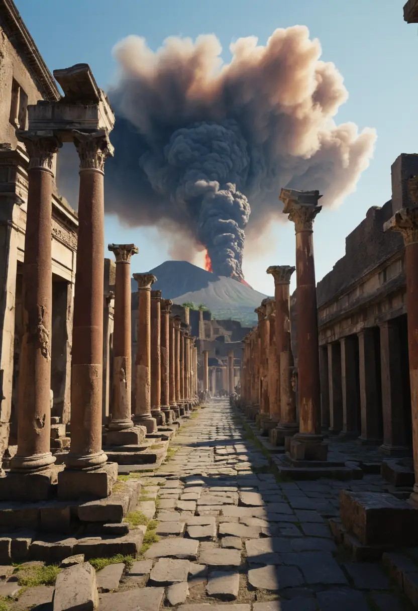 Pompeian citizens flee through ancient streets beneath an erupting Vesuvius