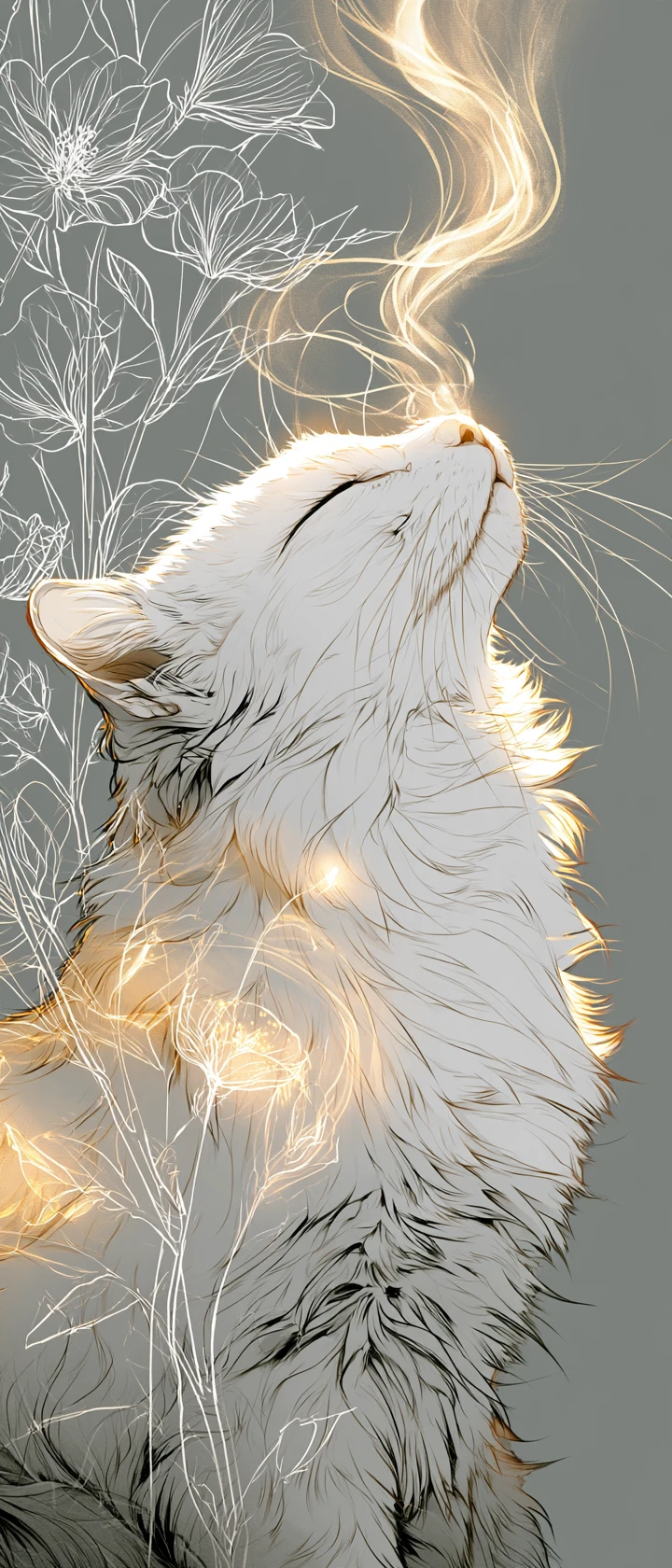 Eine weiße Katze blickt nach oben, während goldene Lichtfäden um ihre Nase leuchten