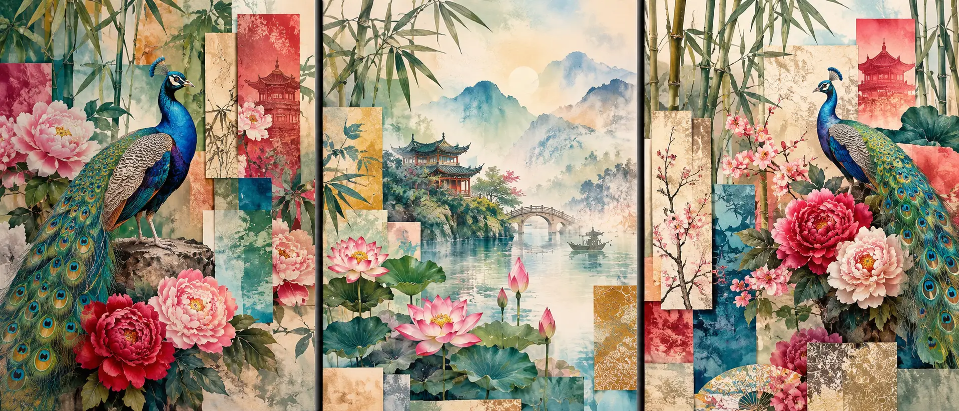 A triptych of peacocks and flowers in a layered Asian landscape