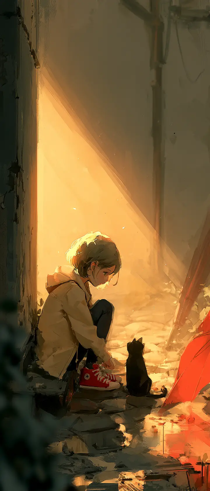 A little girl shares a quiet moment with a cat in an alley