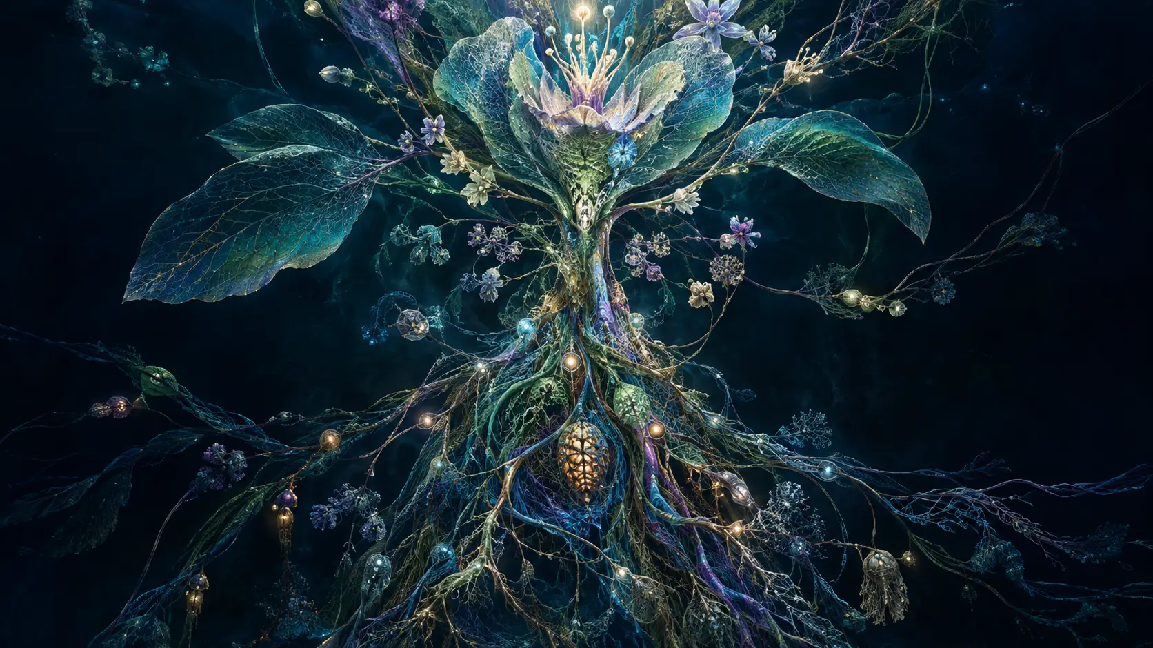 A vast botanical organism suspended in a luminous network of roots