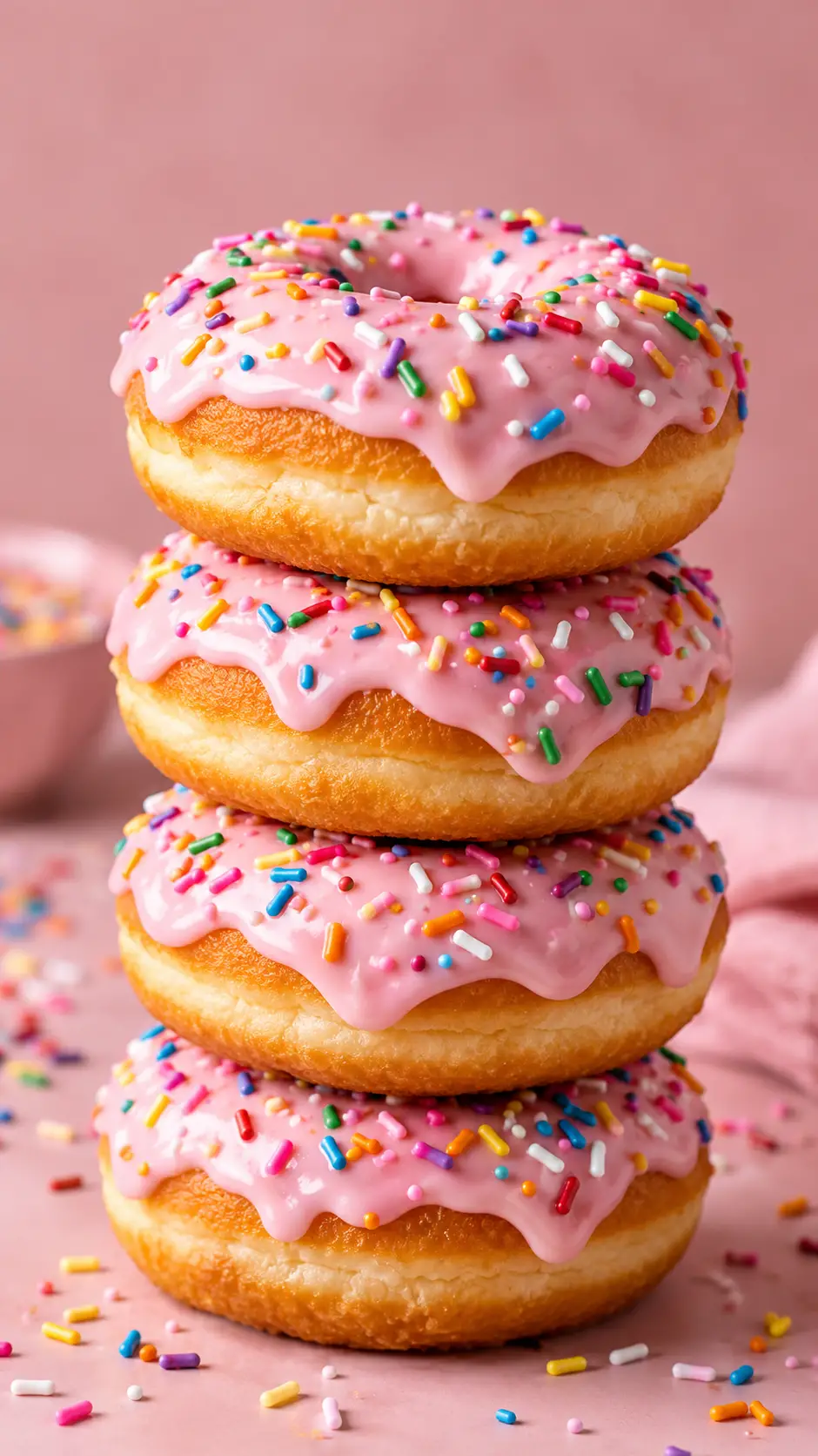 A stack of pink iced donuts covered in colorful rainbow sprinkles