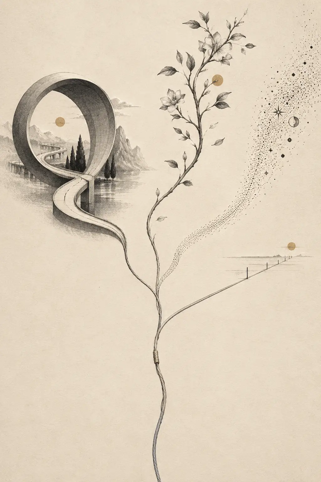 A Continuous Thread Branches Into Diverging Paths Across an Ivory Field