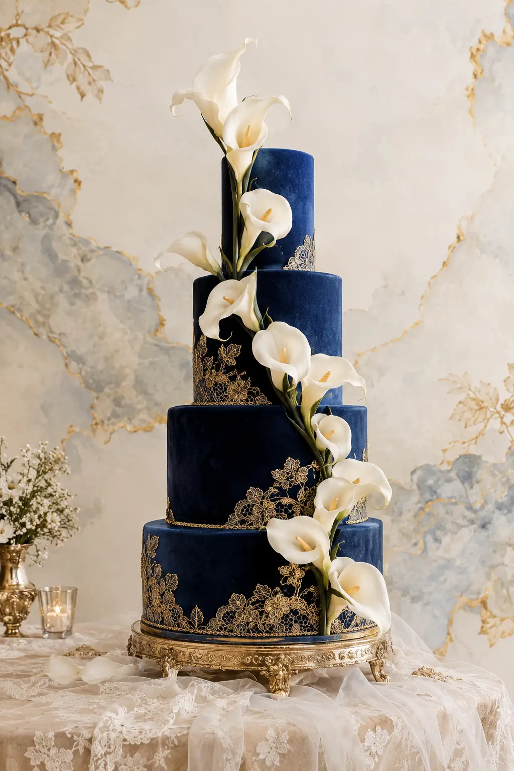 A Dark Blue Tiered Wedding Cake With Cascading White Calla Lilies