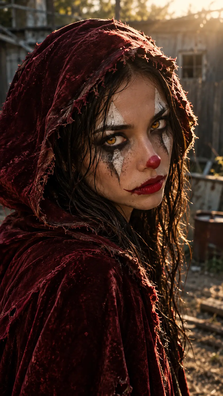 A young woman in smeared clown makeup wears a tattered red hooded cape