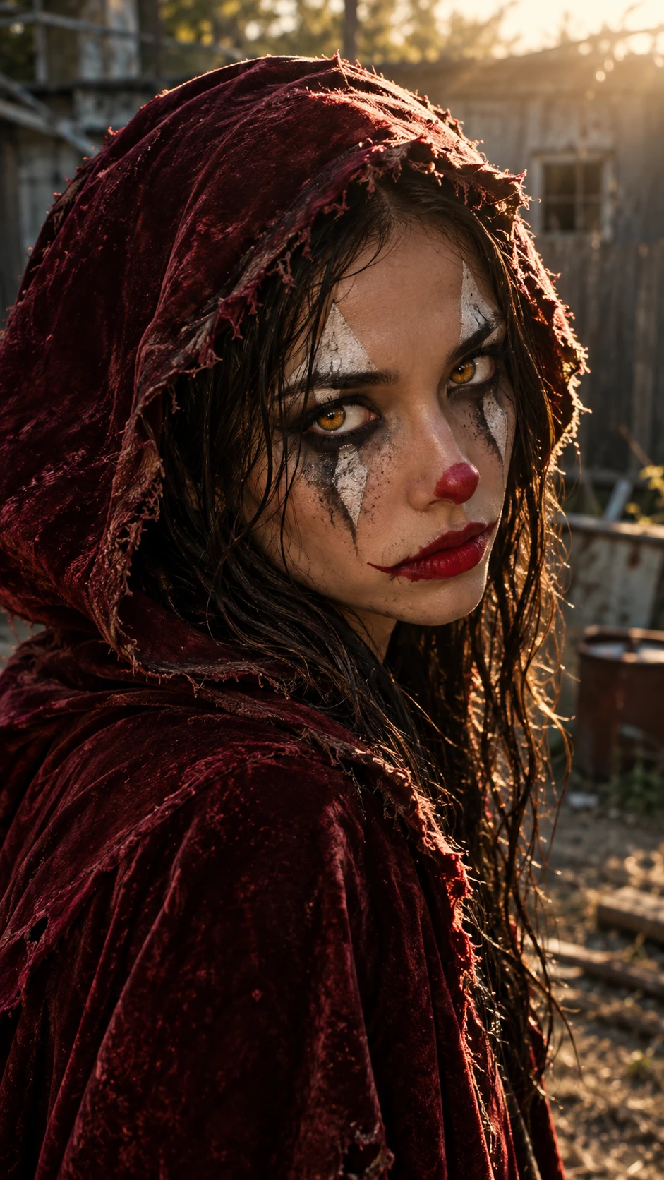 A young woman in smeared clown makeup wears a tattered red hooded cape