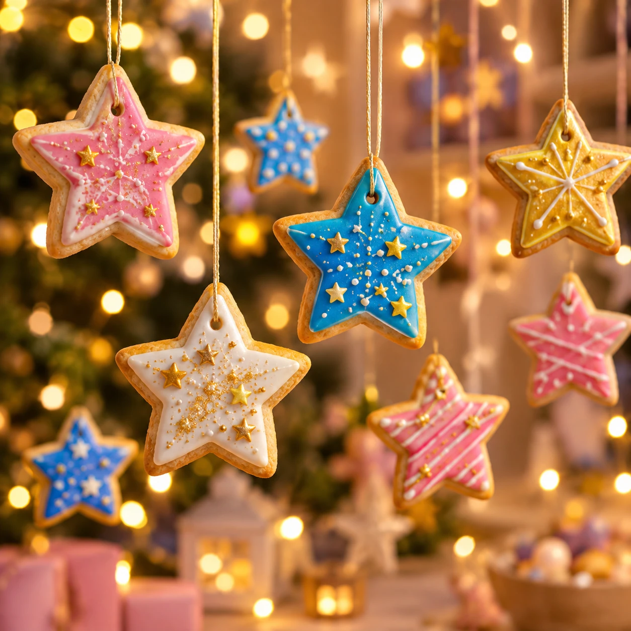 Des biscuits étoilés colorés suspendus devant des guirlandes lumineuses tamisées