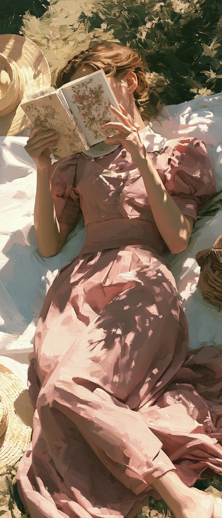 A Young Woman Rests Beneath a Floral Book in a Sunlit Field