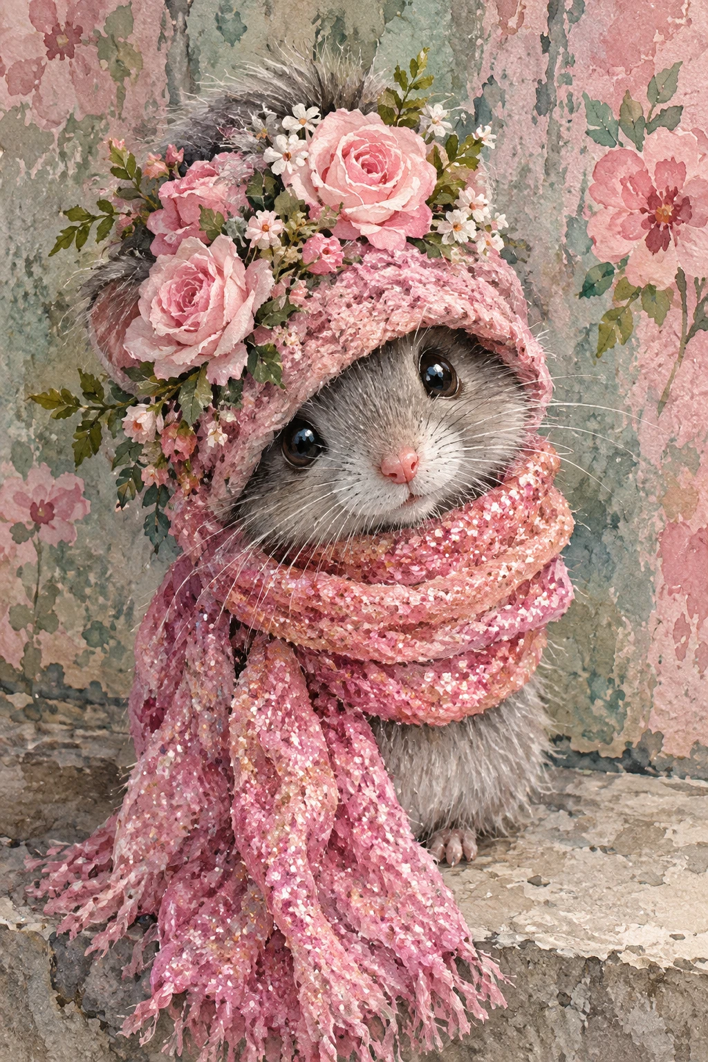 A Watercolor Mouse Sits on Concrete Wearing a Floral Hat
