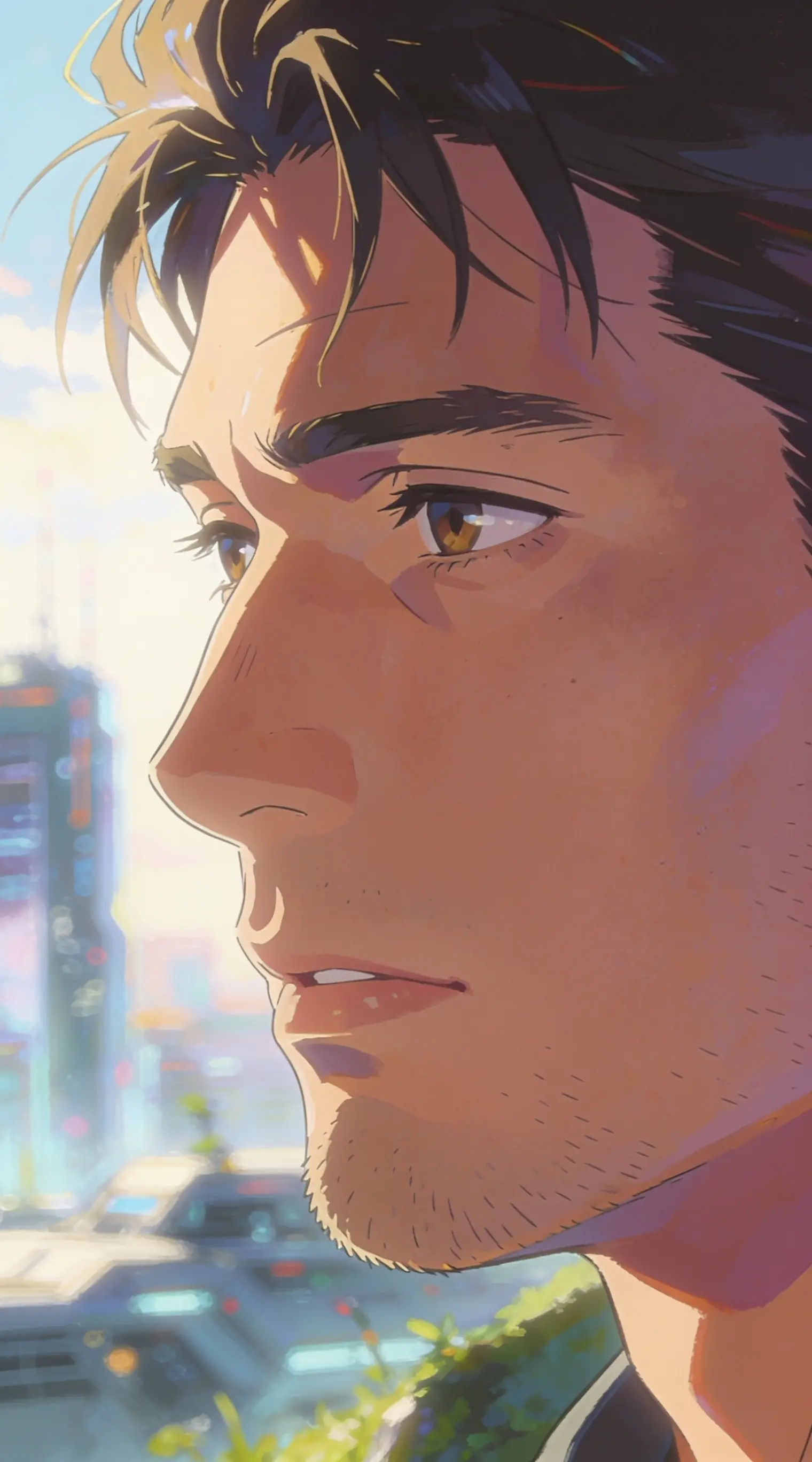 A close-up portrait of a handsome man in painterly anime style