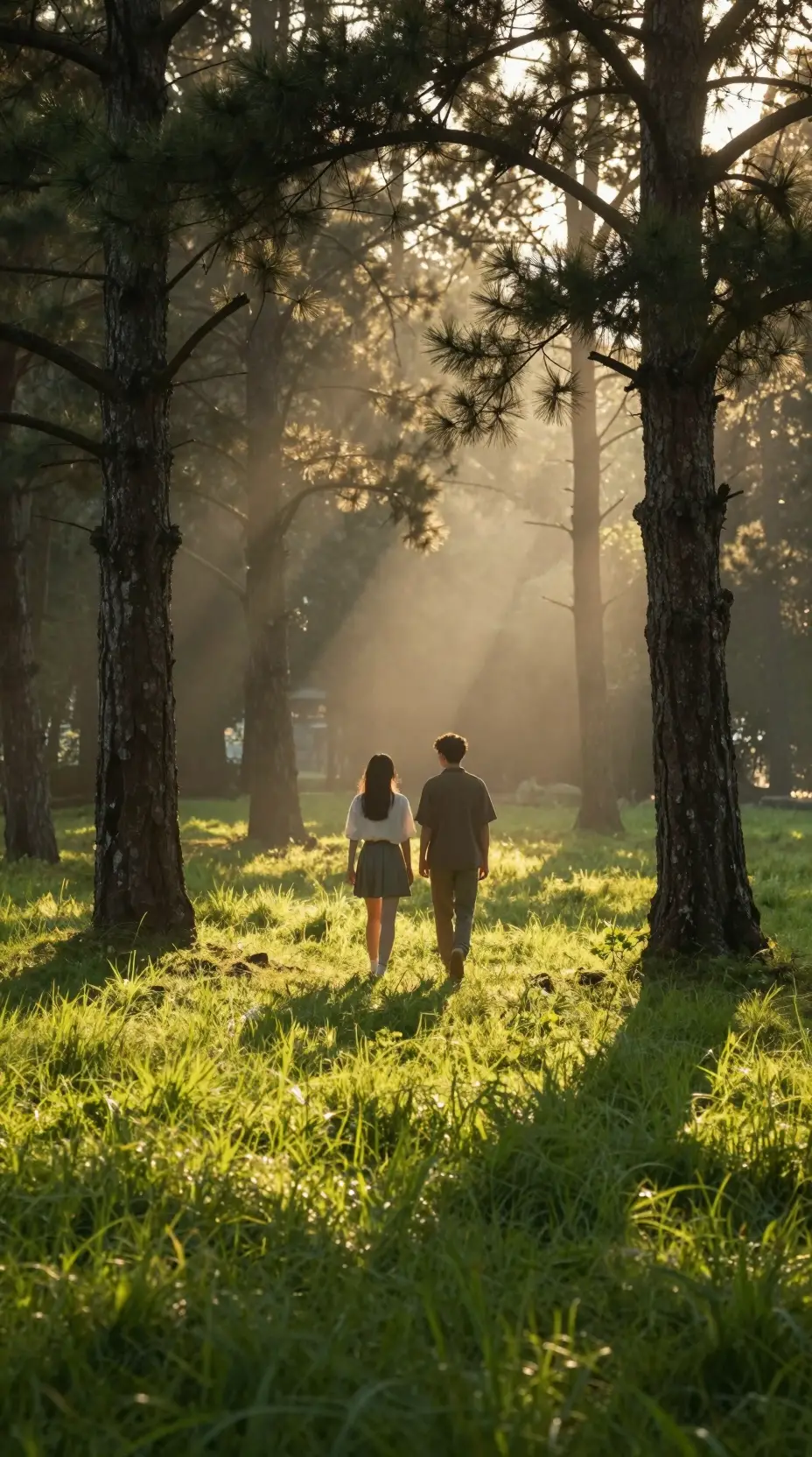A young couple walks through a sunlit forest clearing
