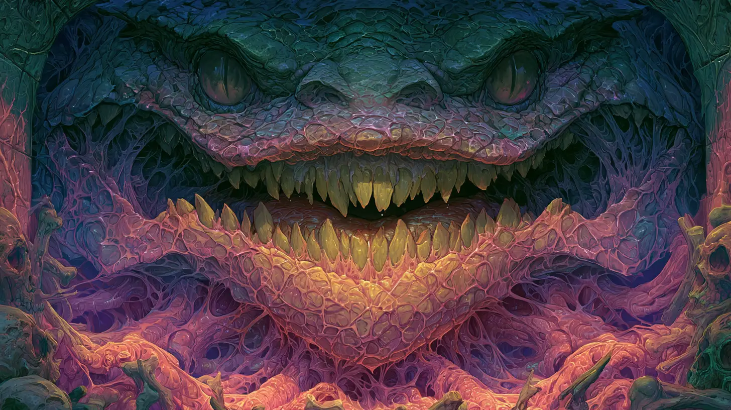 A giant maw glares with rows of jagged yellow teeth