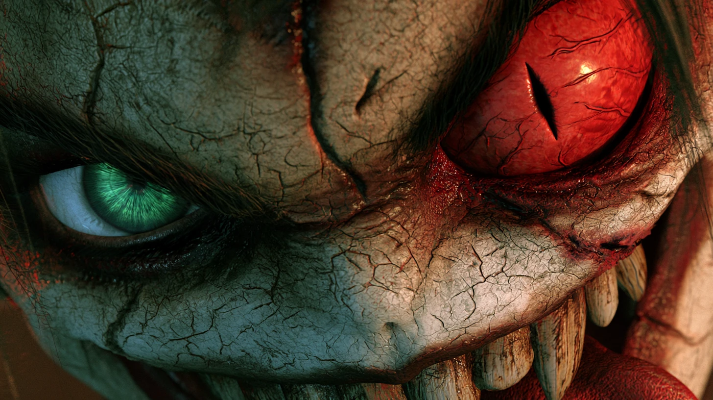 A cracked demon woman's face with mismatched eyes and a forked tongue