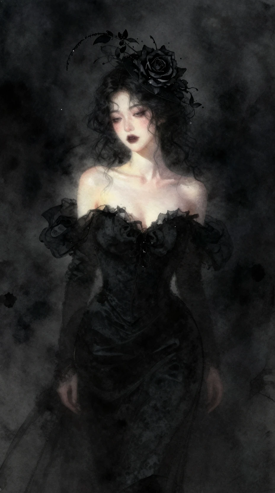A woman emerges from darkness wearing a black gown and rose fascinator
