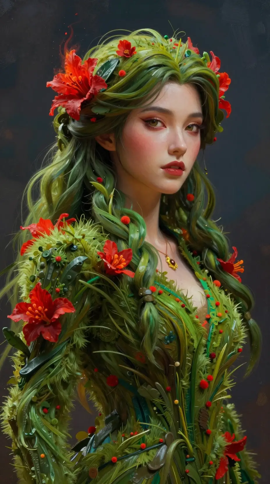 A woman formed from grass and red flowers in close-up
