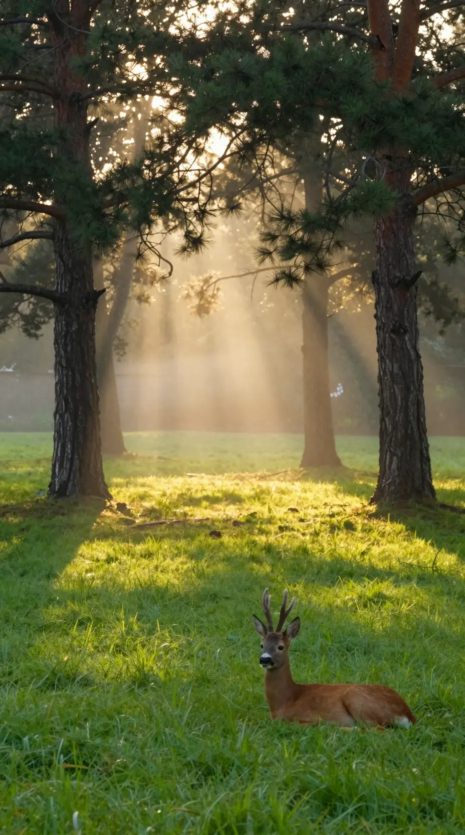 A roe deer rests beneath sunbeams in a misty forest clearing
