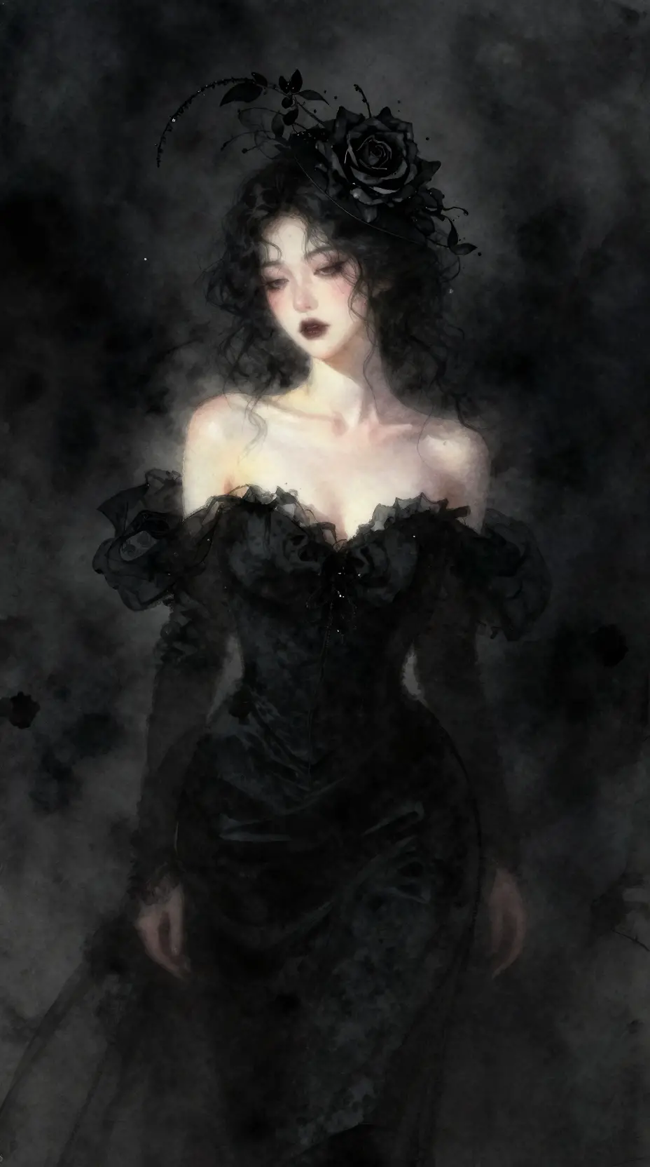 A woman emerges from darkness wearing a black gown and rose fascinator