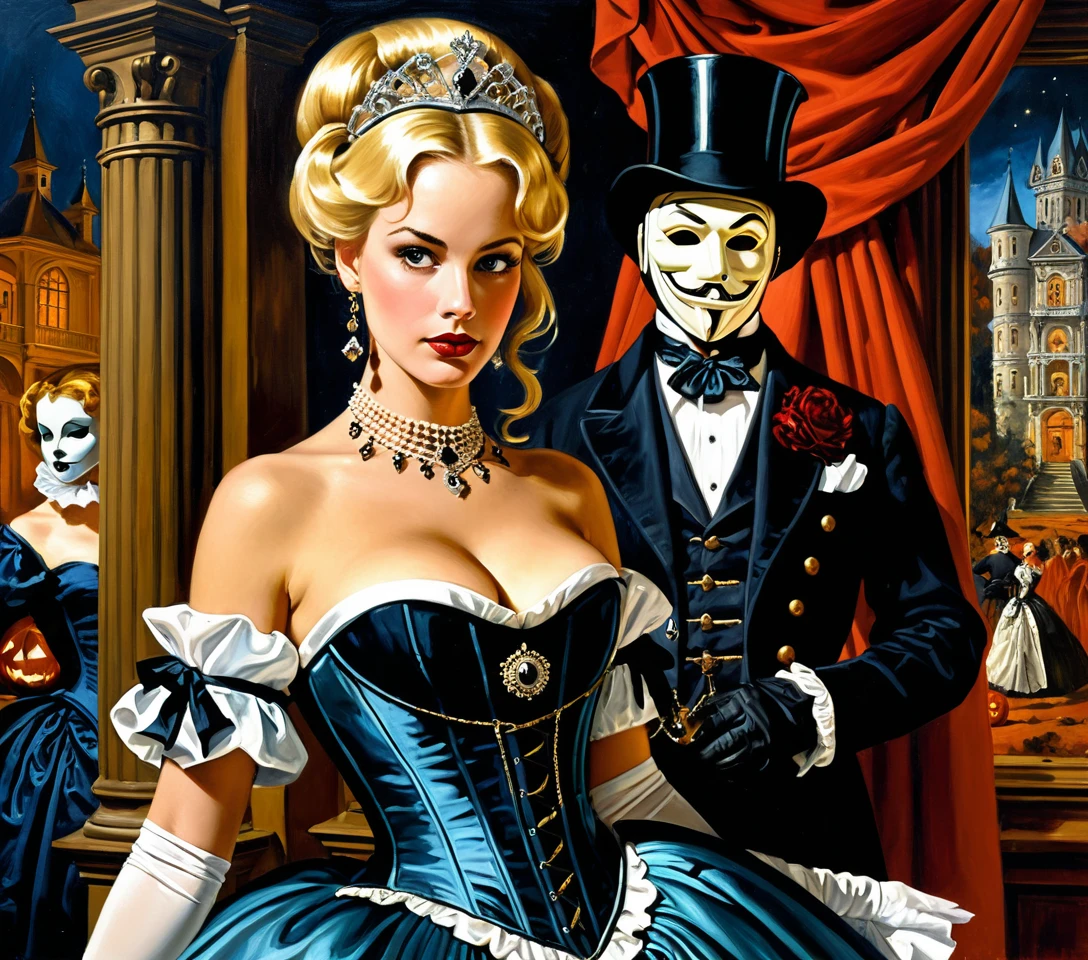 A blonde hostess in a masquerade gown at a haunted mansion ball