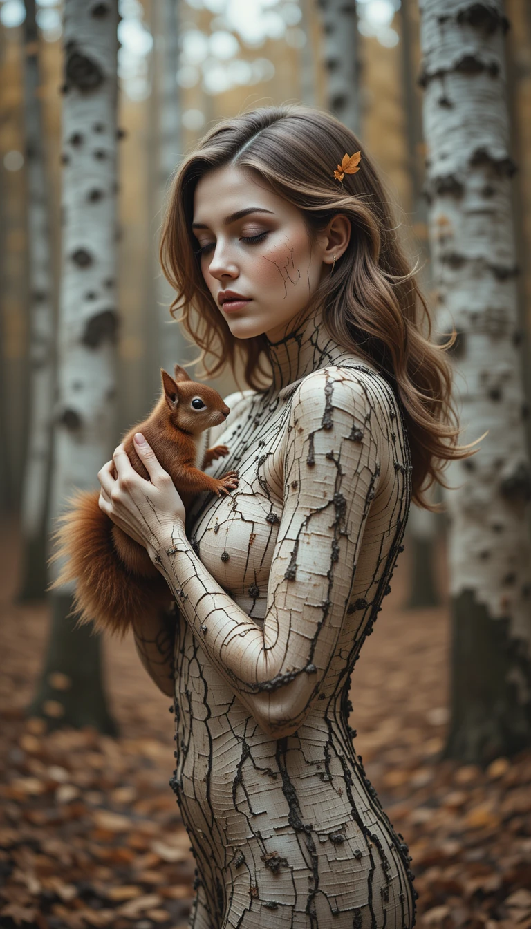 A Birch-Barked Woman Holds a Squirrel in a Quiet Forest