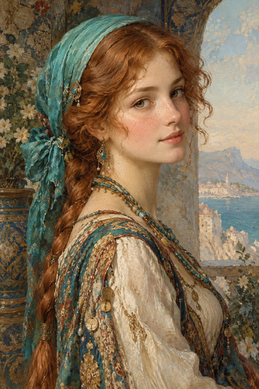 A young woman with braided ginger hair and a turquoise headscarf