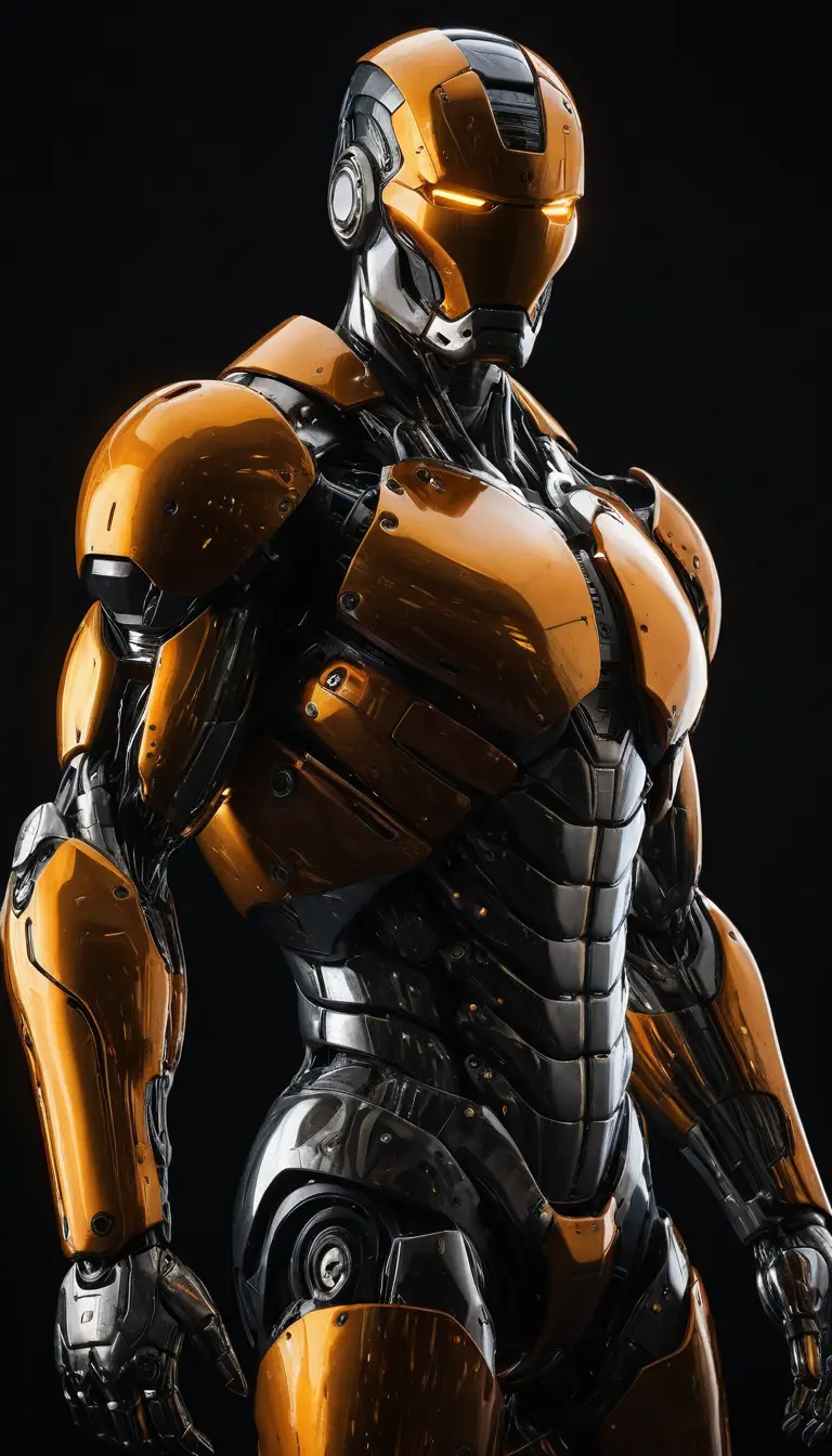 A chrome cyborg stands heroically against a pitch black backdrop