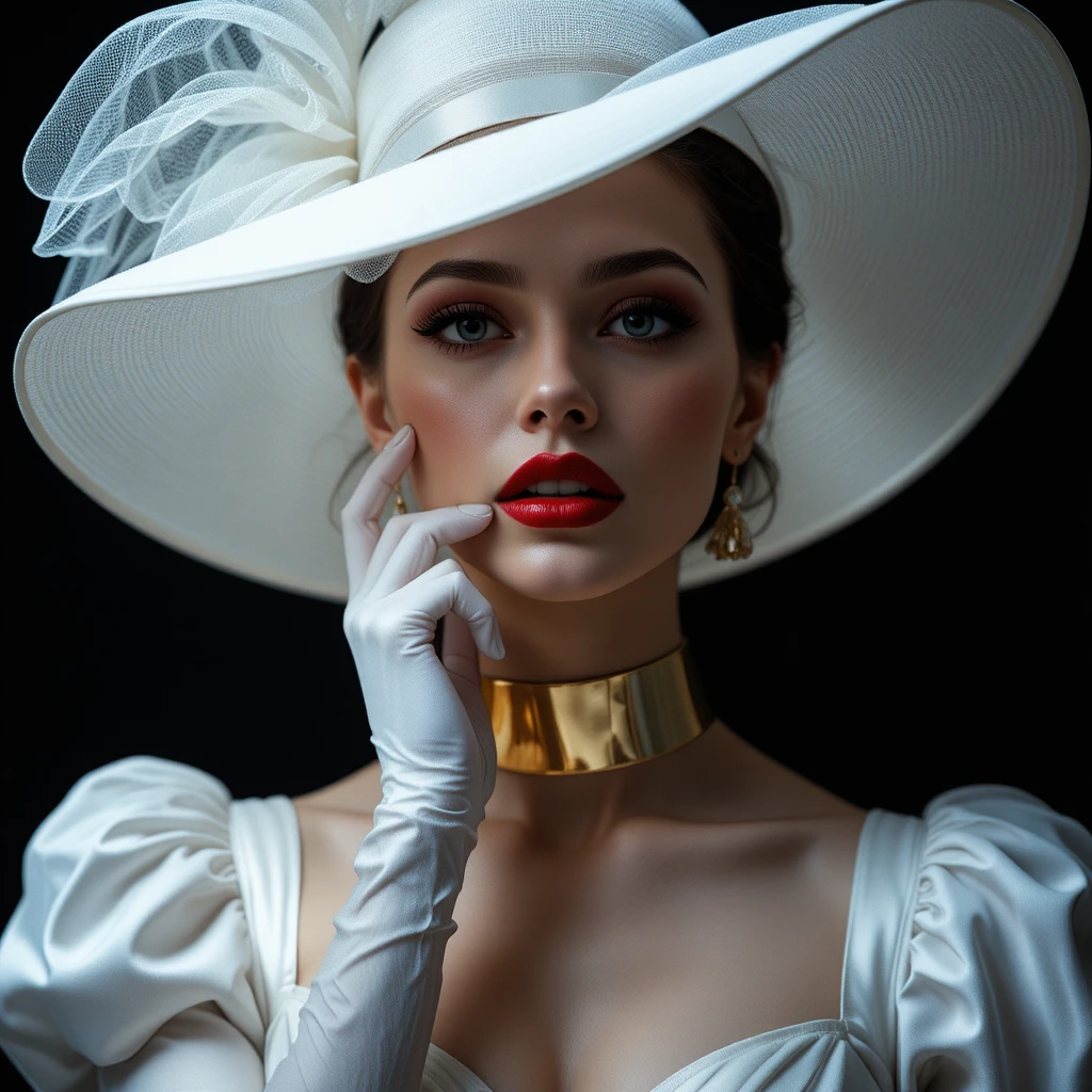 A glamorous woman in a white hat, silk gown, and gold choker