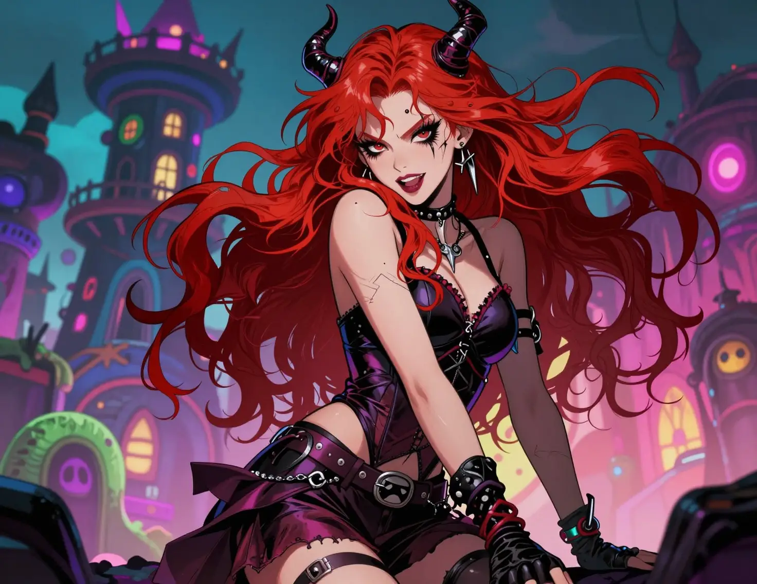 A redheaded sorceress poses seductively before a cartoon tower in neon light