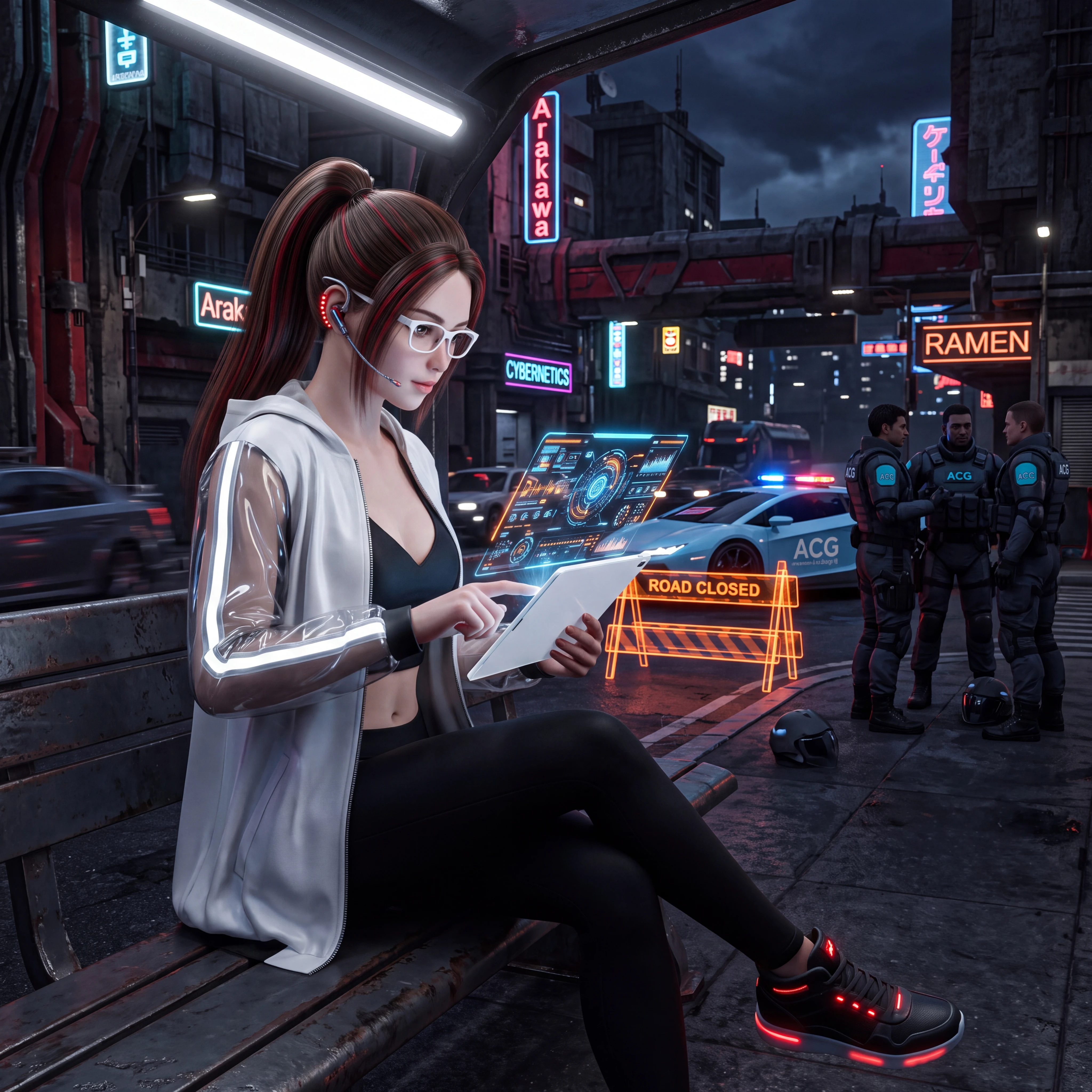 A futuristic woman interacts with a floating holographic tablet on a city bench