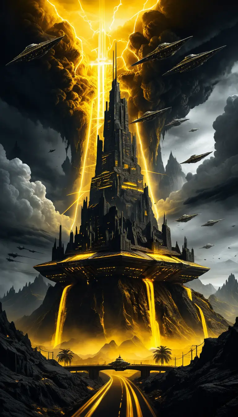 A colossal mountain-shaped fortress tower dominates a futuristic cityscape