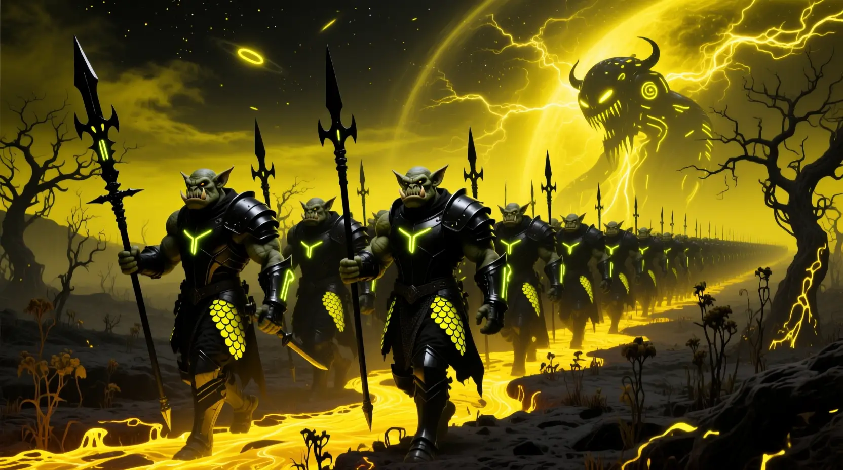 Armored orcs march through a lava-lit nightmarish wasteland