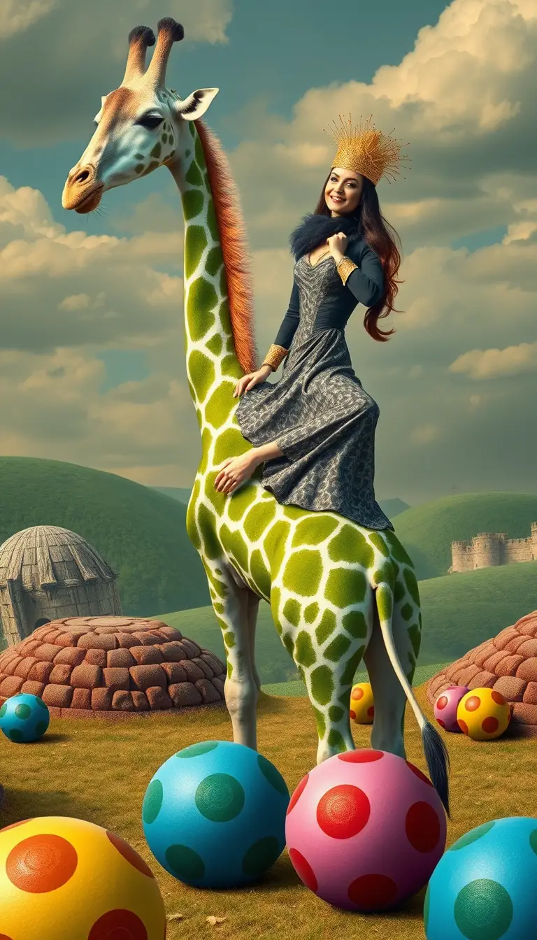 A Colossal White Giraffe Rises Above a Surreal Landscape of Giant Dice