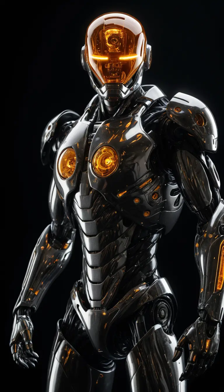 A full-body chrome cyborg stands with a glowing amber core