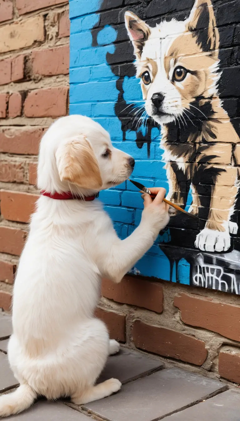 A shaggy puppy paints a kitten portrait on a brick wall