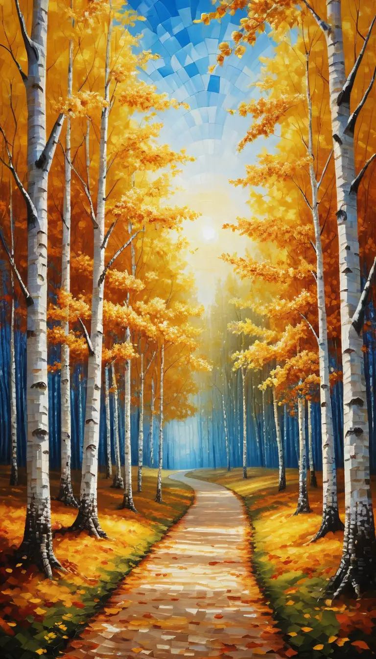 A Diamond Painted Birch Forest Glows Along a Quiet Autumn Path