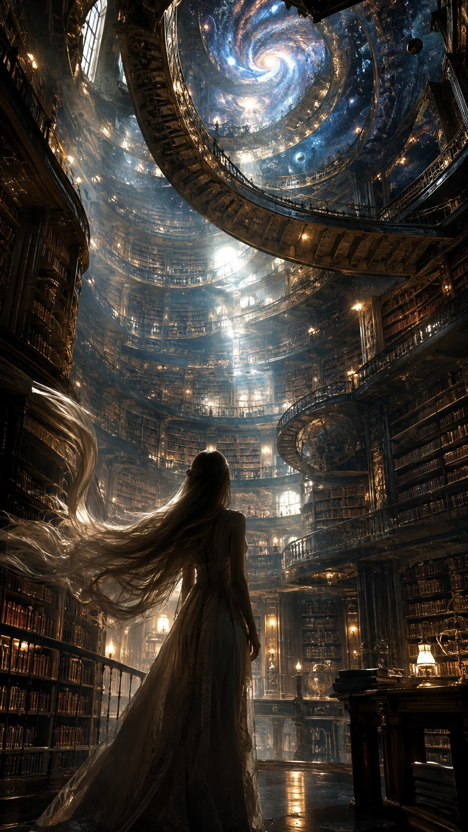 渦巻く宇宙の図書館を前に立つ女性のシルエット