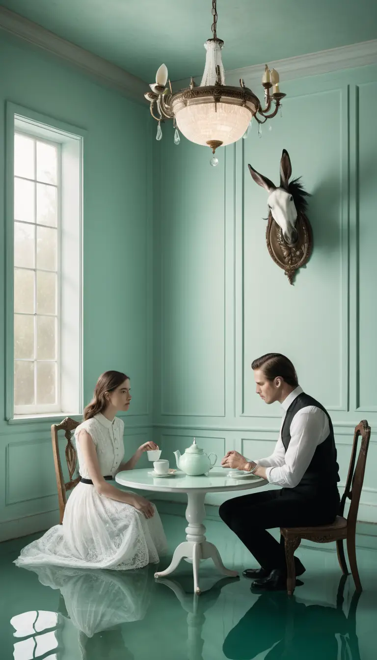A Horse-headed Man and Rabbit-headed Woman Sit in a Flooded Room