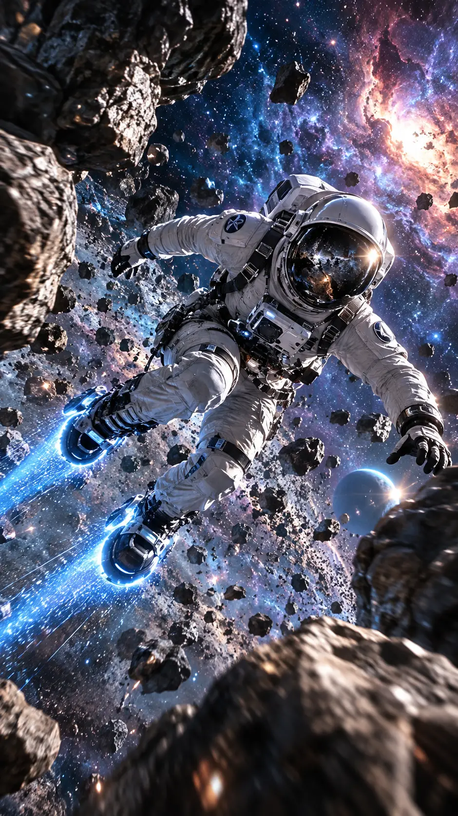 Astronauta faz manobras acrobáticas em meio a um denso campo de asteroides no espaço