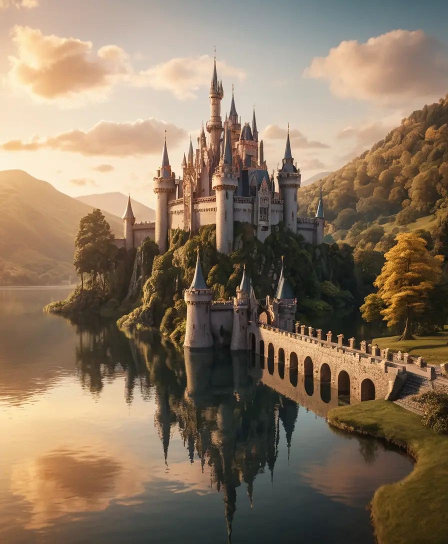 A Fairy Tale Castle Stands Beyond a Straight Causeway Across the Lake