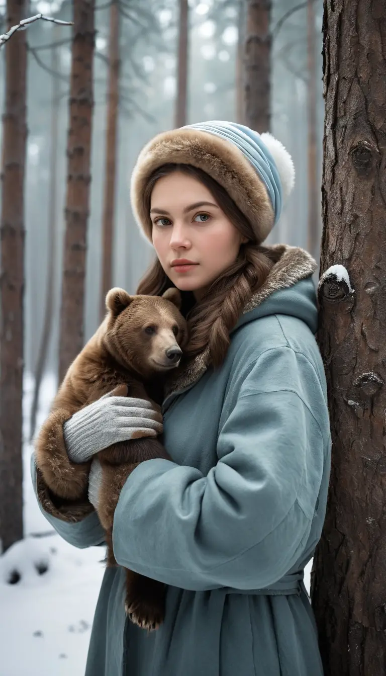 A woman and brown bear share a snowy Russian forest