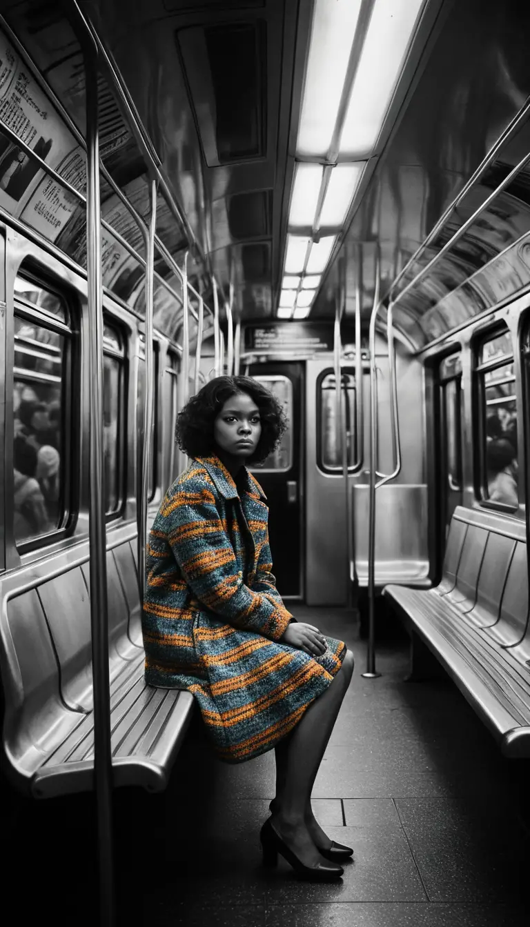 A colorfully dressed woman sits among grayscale subway commuters