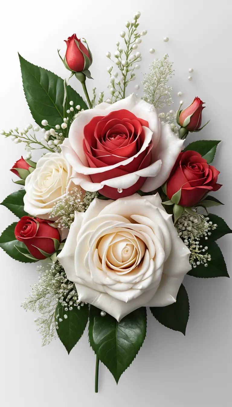 Scarlet and white roses form a bouquet with pearl and crystal accents