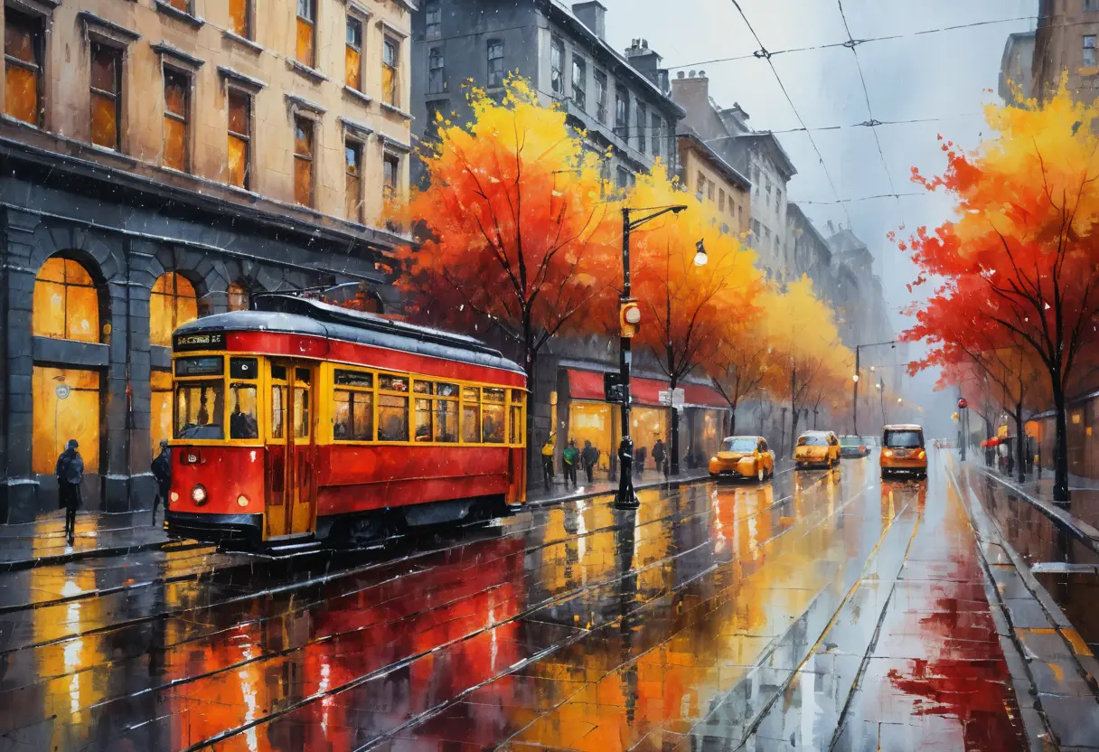 A red tram approaches through rain on an autumn city street