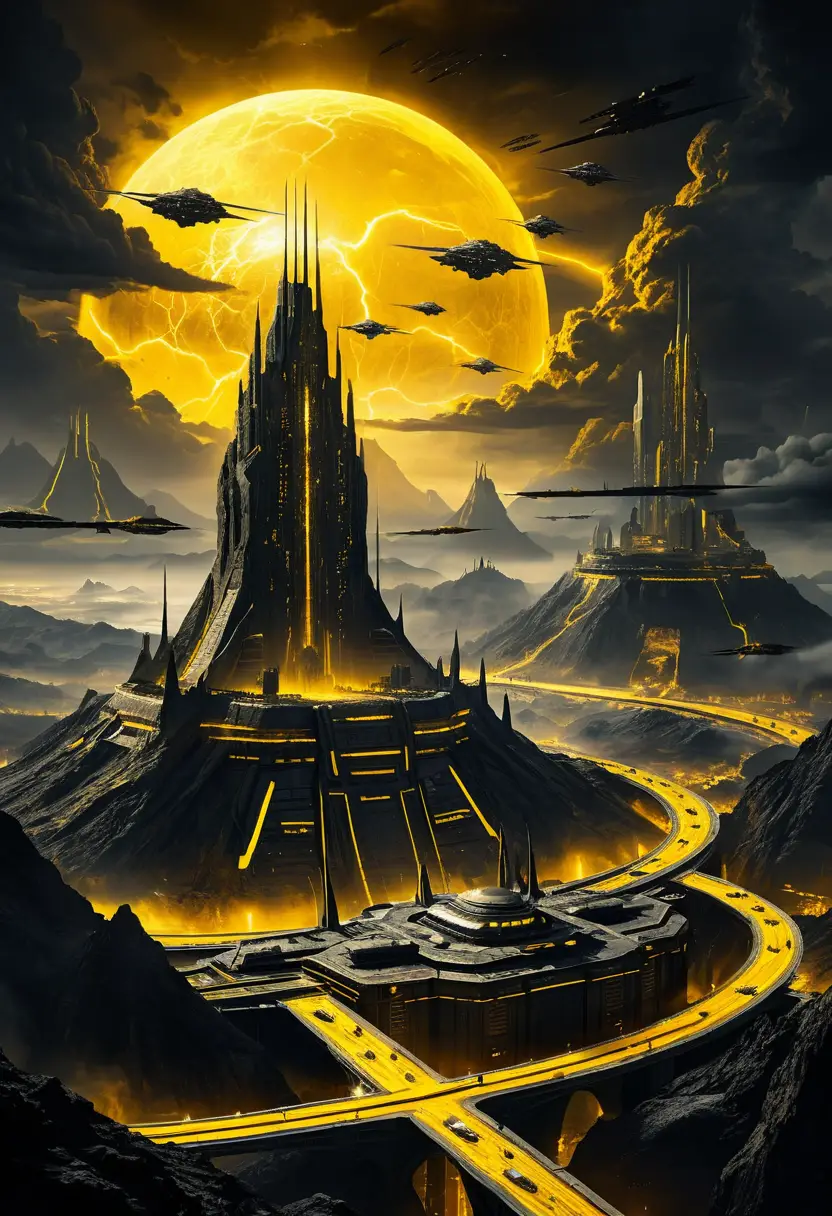 A colossal mountain-shaped fortress tower anchors a futuristic cityscape